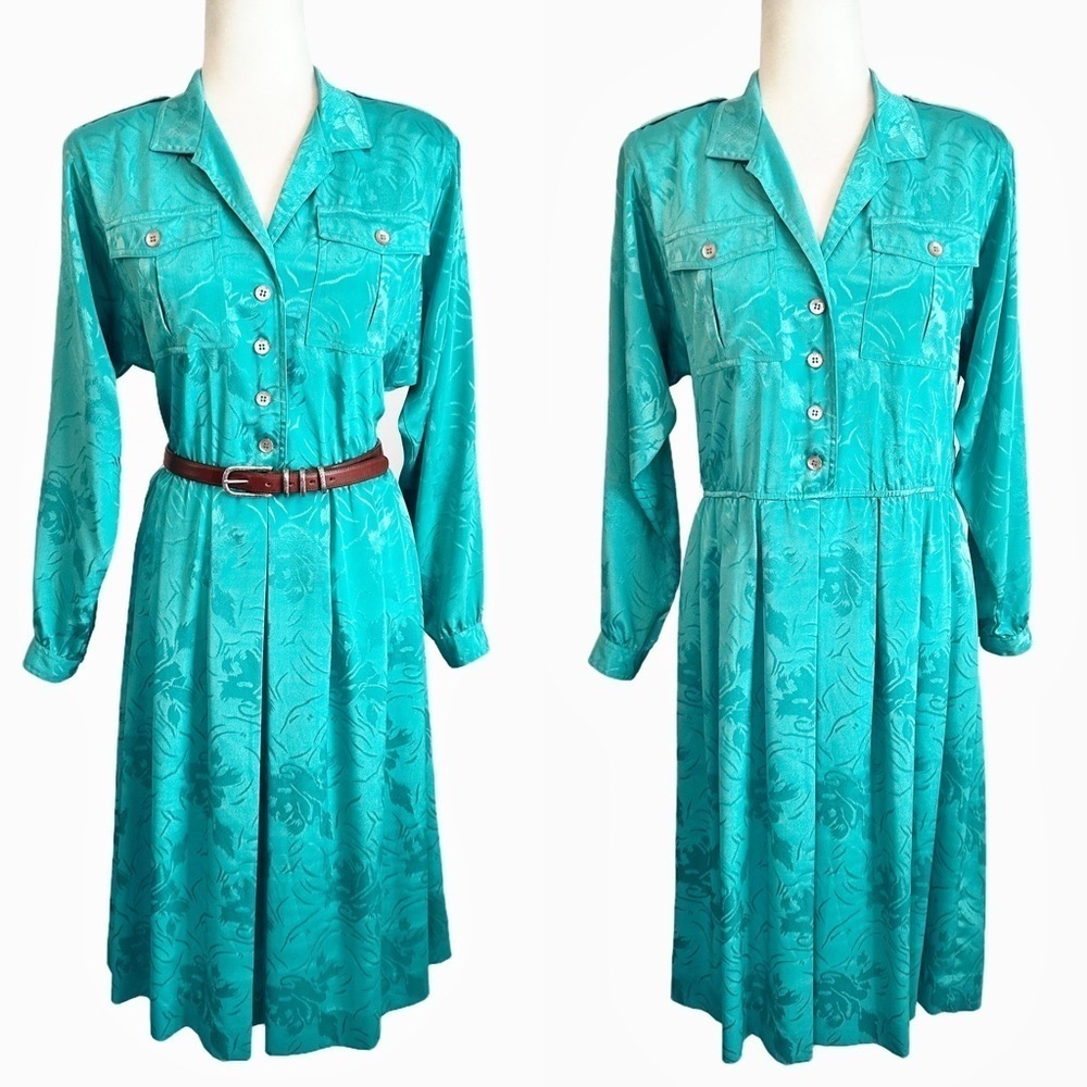 Vintage 80s Leslie Fay Teal Floral Embossed Jacquard Satin Pleated Shirt Dress